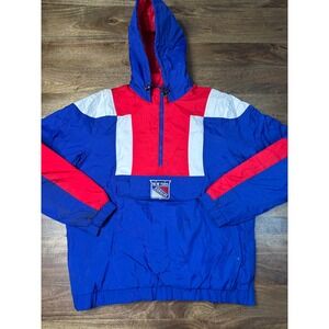 Vintage Starter New York Rangers NHL Half Zip Windbreaker Jacket Blue Red XL